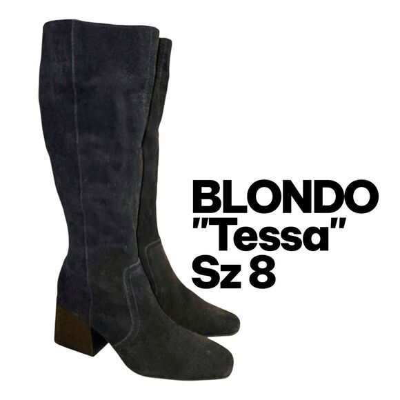 BLONDO TESSA Sz 8 Black Suede Waterproof Side Zipper Block Heel Chic Tall Boots - Picture 11 of 11